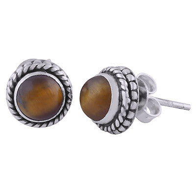 Stunning Rawa Pattern & Twisted Wire Around Tiger's Eye Round Shape 925 Sterling Solid Silver Stud Earrings - R6100525-9