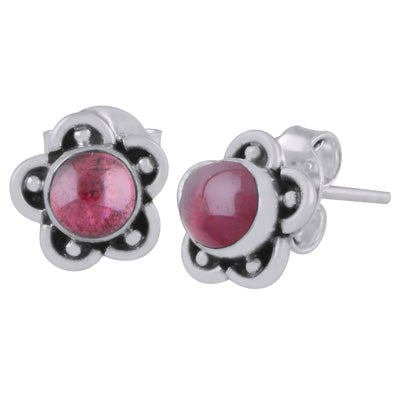 Beautiful Flower & Rawa Work Around Garnet Round Shape 925 Sterling Solid Silver Studs Earrings - R6100526-22