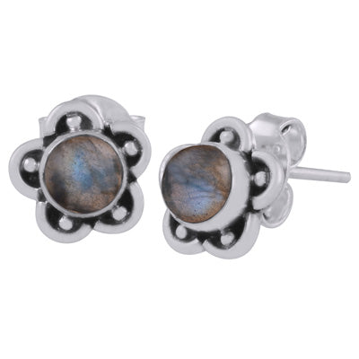Beautiful Flower & Rawa Work Around Labradorite Round Shape 925 Sterling Solid Silver Studs Earrings - R6100526-25