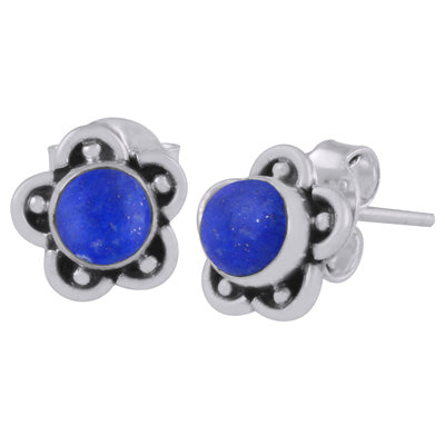 Beautiful Flower & Rawa Work Around Lapis Round Shape 925 Sterling Solid Silver Studs Earrings - R6100526-26