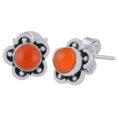 Beautiful Flower & Rawa Work Around Carnelian Round Shape 925 Sterling Solid Silver Studs Earrings - R6100526-27