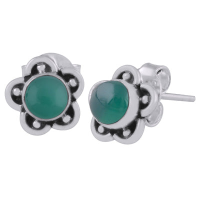 Beautiful Flower & Rawa Work Around Green Onyx Round Shape 925 Sterling Solid Silver Studs Earrings - R6100526-28