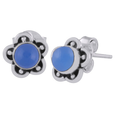 Beautiful Flower & Rawa Work Around Blue Chalcedony Round Shape 925 Sterling Solid Silver Studs Earrings - R6100526-31