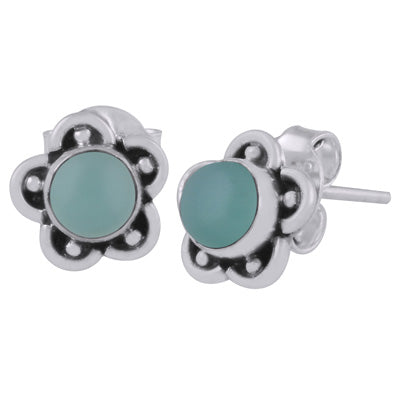 Beautiful Flower & Rawa Work Around Aqua Chalcedony Round Shape 925 Sterling Solid Silver Studs Earrings - R6100526-32