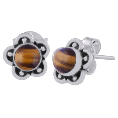 Beautiful Flower & Rawa Work Around Tiger's Eye Round Shape 925 Sterling Solid Silver Studs Earrings - R6100526-33