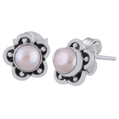 Beautiful Flower & Rawa Work Around Pearl Round Shape 925 Sterling Solid Silver Studs Earrings - R6100526-35