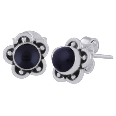Beautiful Flower & Rawa Work Around Black Onyx Round Shape 925 Sterling Solid Silver Studs Earrings - R6100526-36