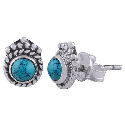 Gorgeous Twisted Wire & Rawa Work Around Turquoise Round Shape 925 Sterling Solid Silver Studs Earrings - R6100528-33