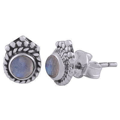 Gorgeous Twisted Wire & Rawa Work Around Rainbow Moonstone Round Shape 925 Sterling Solid Silver Studs Earrings - R6100528-34