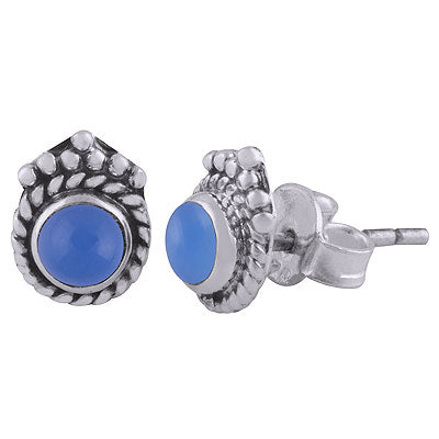 Gorgeous Twisted Wire & Rawa Work Around Blue Chalcedony Round Shape 925 Sterling Solid Silver Studs Earrings - R6100528-39