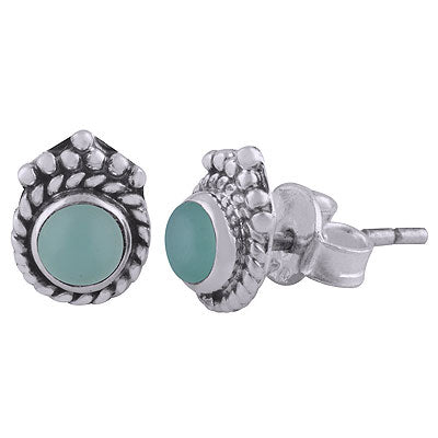 Gorgeous Twisted Wire & Rawa Work Around Aqua Chalcedony Round Shape 925 Sterling Solid Silver Studs Earrings - R6100528-40