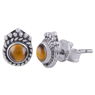 Gorgeous Twisted Wire & Rawa Work Around Tiger's Eye Round Shape 925 Sterling Solid Silver Studs Earrings - R6100528-41