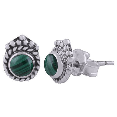Gorgeous Twisted Wire & Rawa Work Around Malachite Round Shape 925 Sterling Solid Silver Studs Earrings - R6100528-42
