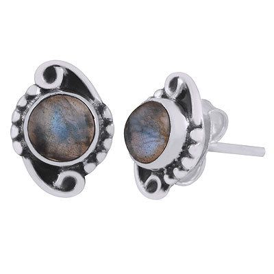 Stunning Oxidised Work Around Labradorite Round Shape 925 Sterling Solid Silver Studs Earrings - R6100529-25