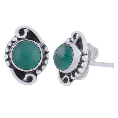 Stunning Oxidised Work Around Green Onyx Round Shape 925 Sterling Solid Silver Studs Earrings - R6100529-28