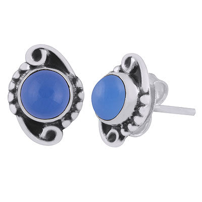 Stunning Oxidised Work Around Blue Chalcedony Round Shape 925 Sterling Solid Silver Studs Earrings - R6100529-29