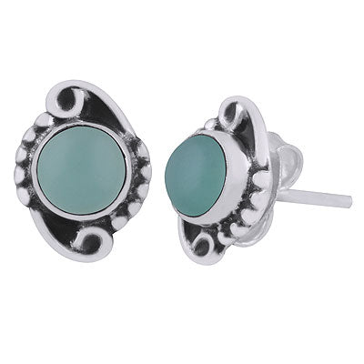Stunning Oxidised Work Around Aqua Chalcedony Round Shape 925 Sterling Solid Silver Studs Earrings - R6100529-30
