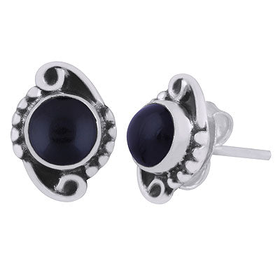 Stunning Oxidised Work Around Black Onyx Round Shape 925 Sterling Solid Silver Studs Earrings - R6100529-34