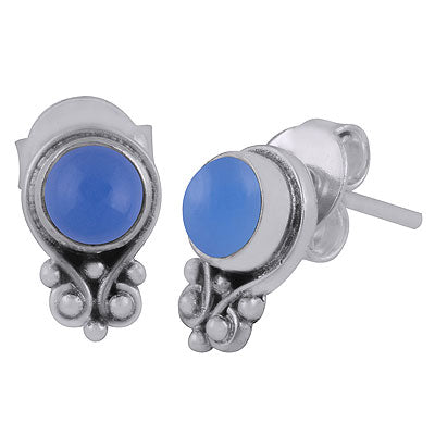 Gorgeous Rawa Work Around Blue Chalcedony Round Shape 925 Sterling Solid Silver Stud Earrings - R6100531-39
