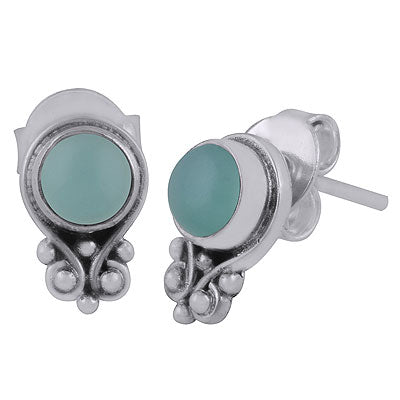 Gorgeous Rawa Work Around Aqua Chalcedony Round Shape 925 Sterling Solid Silver Stud Earrings - R6100531-40