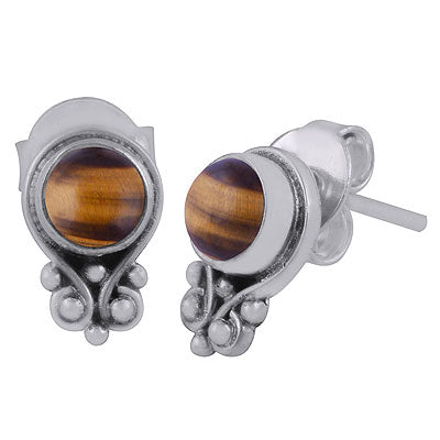 Gorgeous Rawa Work Around Tiger's Eye Round Shape 925 Sterling Solid Silver Stud Earrings - R6100531-41