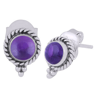 Beautifully Handcrafted Work Around Amethyst Round Shape 925 Sterling Solid Silver Studs Earrings - R6100536-31