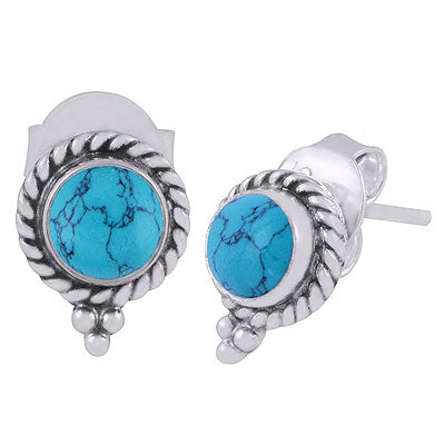 Beautifully Handcrafted Work Around Turquoise Round Shape 925 Sterling Solid Silver Studs Earrings - R6100536-33