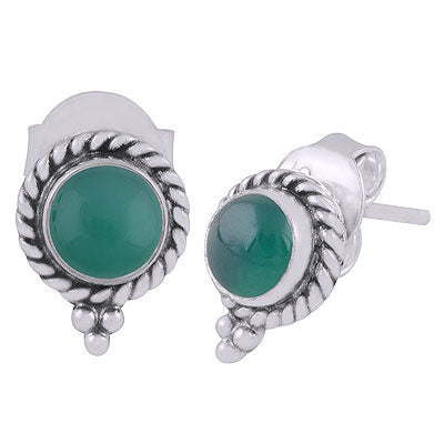 Beautifully Handcrafted Work Around Green Onyx Round Shape 925 Sterling Solid Silver Studs Earrings - R6100536-38