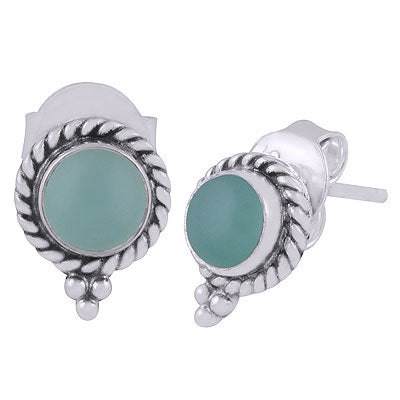 Beautifully Handcrafted Work Around Aqua Chalcedony Round Shape 925 Sterling Solid Silver Studs Earrings - R6100536-40