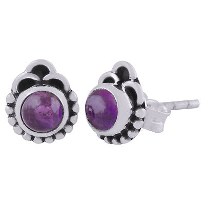 Authentic Rawa & Wire Work Around Amethyst Round Shape 925 Sterling Solid Silver Stud Earrings - R6100537-21