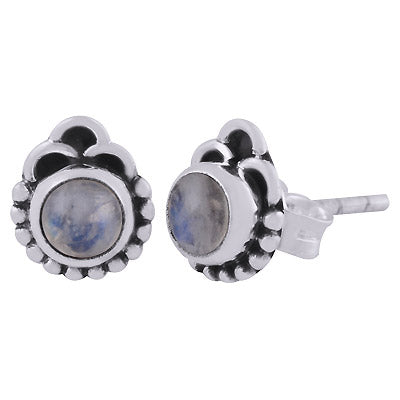 Authentic Rawa & Wire Work Around Rainbow Moonstone Round Shape 925 Sterling Solid Silver Stud Earrings - R6100537-24