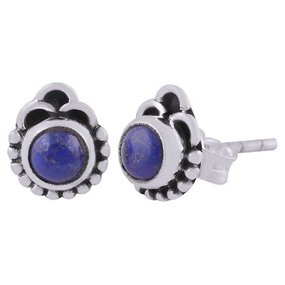 Authentic Rawa & Wire Work Around Lapis Round Shape 925 Sterling Solid Silver Stud Earrings - R6100537-26
