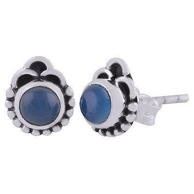 Authentic Rawa & Wire Work Around Blue Chalcedony Round Shape 925 Sterling Solid Silver Stud Earrings - R6100537-29