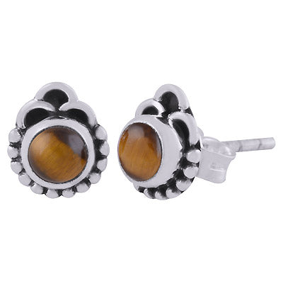 Authentic Rawa & Wire Work Around Tiger's Eye Round Shape 925 Sterling Solid Silver Stud Earrings - R6100537-30