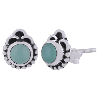 Authentic Rawa & Wire Work Around Aqua Chalcedony Round Shape 925 Sterling Solid Silver Stud Earrings - R6100537-33