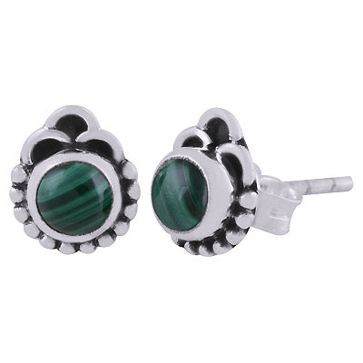 Authentic Rawa & Wire Work Around Malachite Round Shape 925 Sterling Solid Silver Stud Earrings - R6100537-34
