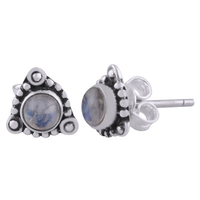 Stunning Rawa work Around Rainbow Moonstone Round Shape 925 Sterling Solid Silver Studs Earrings - R6100539-54
