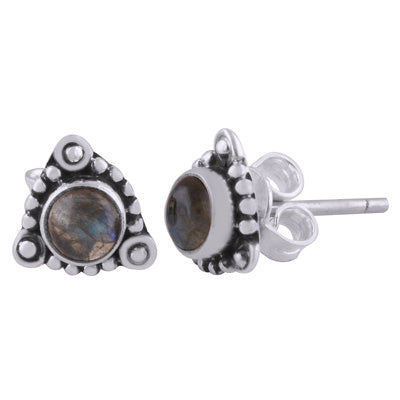 Stunning Rawa work Around Labradorite Round Shape 925 Sterling Solid Silver Studs Earrings - R6100539-55
