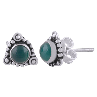 Stunning Rawa work Around Green Onyx Round Shape 925 Sterling Solid Silver Studs Earrings - R6100539-58