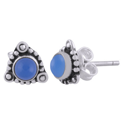 Stunning Rawa work Around Blue Chalcedony Round Shape 925 Sterling Solid Silver Studs Earrings - R6100539-59