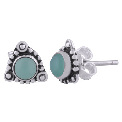 Stunning Rawa work Around Aqua Chalcedony Round Shape 925 Sterling Solid Silver Studs Earrings - R6100539-60
