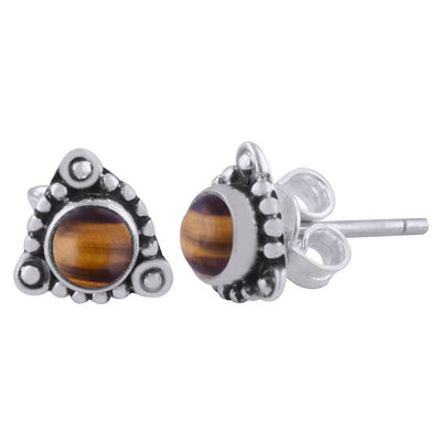 Stunning Rawa work Around Tiger's Eye Round Shape 925 Sterling Solid Silver Studs Earrings - R6100539-61