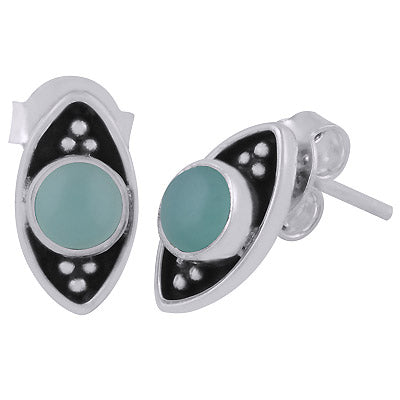Gorgeous Rawa Work Around Aqua Chalcedony Round Shape 925 Sterling Solid Silver Stud Earrings - R6100540-30