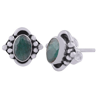 Stunning Rawa Work Around Green Corundum Oval Shape 925 Sterling Solid Silver Studs Earrings - R6100542-10