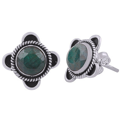 925 Sterling Silver Green Corundum Stud Earrings - R6100547-10