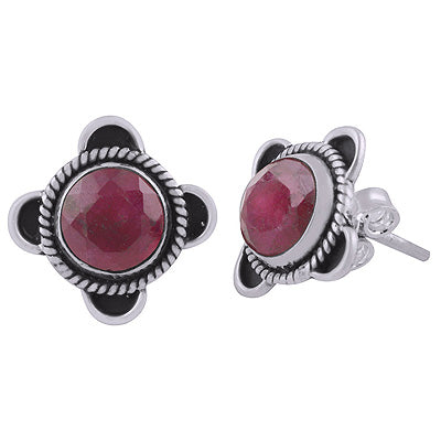 925 Sterling Silver Red Corundum Stud Earrings - R6100547-9