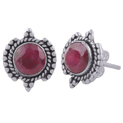 925 Sterling Silver Red Corundum Stud Earrings - R6100548-9