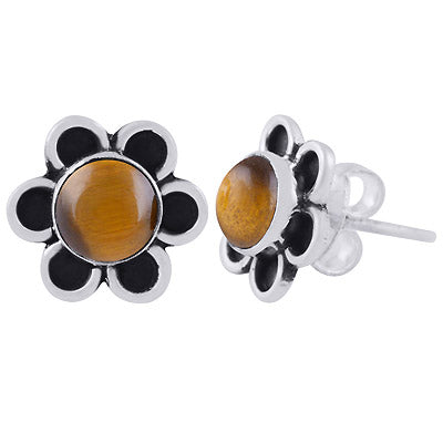Stunning Oxidised Flower Tiger's Eye Round Shape 925 Sterling Solid Silver Stud Earrings - R6100550-12