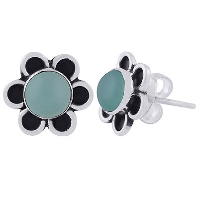 Stunning Oxidised Flower Aqua Chalcedony Round Shape 925 Sterling Solid Silver Stud Earrings - R6100550-16
