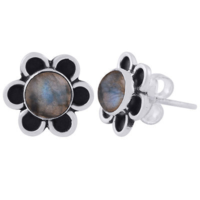 Stunning Oxidised Flower Labradorite Round Shape 925 Sterling Solid Silver Stud Earrings - R6100550-5
